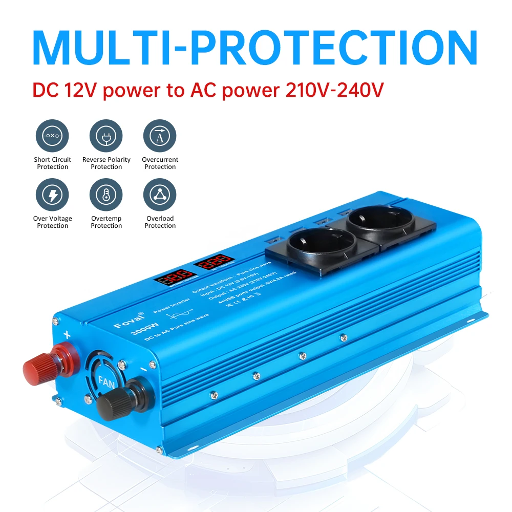 Pure Sine Wave Inverter DC 12V to AC 220V 230V 1500W/2200W/2600W Voltage Transfer Converter Universal EU Socket Auto Accessories
